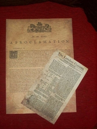 Replica 1717 London Gazette broadsheet reporting the Act of Grace being issued and the Kings Proclamation anouncing it