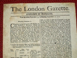Replica 1717 London Gazette broadsheet reporting the Act of Grace being issued (close up)